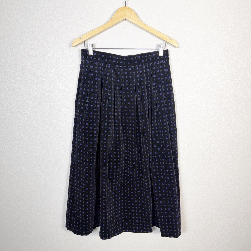 Vintage Hasting & Smith Velour Print A Line Midi Skirt Size 14 Black Pockets